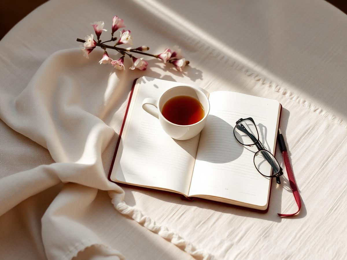Jurnal deschis, ceașcă de ceai și ochelari pe o față de masă din in